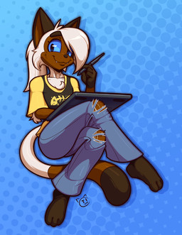 anthro blue_eyes blue_sclera bottomwear clothed clothing crossed_legs denim denim_bottomwear denim_clothing drawing_tablet electronics fangs fully_clothed hair hair_over_eye jeans looking_at_viewer male one_eye_obstructed pants pattern_background short simple_background smile solo tablet teeth torn_bottomwear torn_clothing torn_jeans torn_pants white_hair conditional_dnp teckworks percy_(teckworks) domestic_cat felid feline felis mammal siamese_cat 2021 digital_media_(artwork)