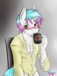 anthro blind blouse breasts chair cleavage clothed clothing container cup disability eyewear female fur furniture glasses holding_container holding_cup holding_object horn looking_at_viewer simple_background solo topwear white_body white_fur vixy_(artist) hasbro my_little_pony mythology binary fan_character netrunner equid equine mammal mythological_creature mythological_equine unicorn 3:4 signature