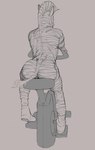 anthro athletic athletic_male butt clothing exercise exercise_bike footwear fur male mane mostly_nude pointy_ears prick_ears rear_view sitting socks solo striped_body stripes tail tail_tuft tuft poskapaints batan_(poskapaints) equid equine mammal zebra 2023 greyscale monochrome