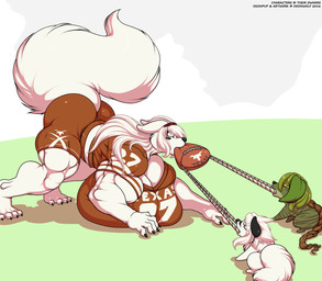 4_toes acting_like_a_dog all_fours american_football animal_behavior anthro ball barefoot big_breasts bottomwear breasts clothing feet female feral football_jersey fur green_body green_fur gridiron_ball group hair huge_breasts larger_female male muscular muscular_anthro muscular_female object_in_mouth rope shirt shorts size_difference smaller_male sport texas text text_on_clothing text_on_shirt text_on_topwear thick_thighs toes topwear trio white_body white_fur white_hair yellow_eyes deonwolf college_football ncaa texas_longhorns cleo_(yutrah) deon_(deonwolf) salix_the_mossdog canid canine canis mammal mossdog wolf 2016 digital_media_(artwork) english_text