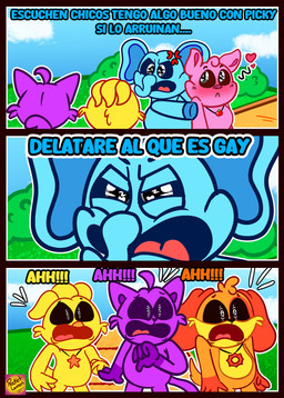 anthro blue_body blush female group male orange_body pink_body purple_body references scared text yellow_body rocketlennon mob_entertainment poppy_playtime smiling_critters the_simpsons bubba_bubbaphant catnap_(poppy_playtime) dogday_(poppy_playtime) kickinchicken pickypiggy avian bird canid canine canis chicken domestic_cat domestic_dog domestic_pig elephant elephantid felid feline felis galliform mammal phasianid proboscidean suid suine sus_(pig) absurd_res comic hi_res spanish_text translation_request