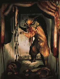 ambiguous_anthro ambiguous_gender anthro black_eyes blood blood_on_arm blood_on_face bodily_fluids brain chain corpse detailed_background disembowelment flesh gore guts horror_(theme) inside intestines light looking_at_viewer mandibles organs solo yellow_body boxwater arthropod insect 2026 digital_media_(artwork) digital_painting_(artwork) hi_res painting_(artwork) shaded