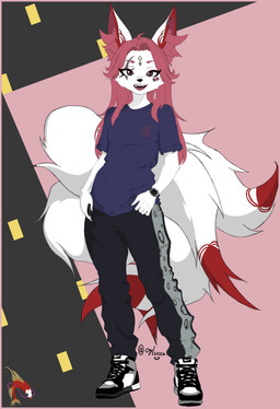 5_tails anthro biped black_bottomwear black_clothing black_pants blue_clothing blue_shirt blue_topwear bottomwear clock clothing cosplay crossover_cosplay dipstick_tail female footwear fur hair looking_at_viewer markings multi_tail pants pattern_background pink_eyes pink_hair red_tail_tip scar shirt shoes simple_background solo standing tail tail_markings tip topwear watch white_body white_fur wristwatch oylucca epic_games fortnite tekken kimiko_five-tails king_(tekken) canid canine fox mammal absurd_res crossover hi_res