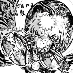 ambiguous_gender anthro black_stripes fangs fur hair light_body light_fur looking_at_viewer medallion mouth_closed object_in_mouth pupils slit_pupils solo striped_body striped_fur striped_head stripes teeth text weighing_scale chiayeeee felid mammal pantherine tiger 1:1 2018 chinese_text dated digital_drawing_(artwork) digital_media_(artwork) greyscale monochrome signature