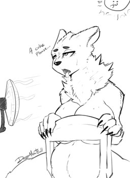 anthro belly big_belly big_breasts bodily_fluids breasts chair dialogue electric_fan female fur furniture heat_(temperature) nude open_mouth oscillating_fan simple_background solo sun sweat text thick_thighs tongue tongue_out white_background doggomeatball bear mammal 2017 english_text hi_res monochrome
