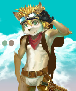 adolescent anthro backpack bottomless clothed clothing crotch_tuft eyewear eyewear_on_head goggles goggles_on_head leather male melee_weapon solo sword topless tuft weapon young young_anthro young_male kiske_7key canid canine canis domestic_dog mammal 5:6