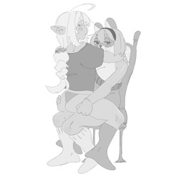 anthro breasts butt chair circle_eyebrows cleavage clothed clothing eyebrows female female/female female_anthro female_humanoid fingers footwear furniture humanoid_pointy_ears looking_at_viewer looking_back looking_back_at_viewer panties pointy_ears shirt simple_background socks straddling sweater topwear underwear white_background tanukikis kiki_(tanukikis) canid canine humanoid mammal raccoon_dog tanuki 1:1 2025 digital_drawing_(artwork) digital_media_(artwork) hi_res monochrome