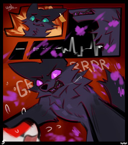black_body black_fur black_nose duo female feral fur male male/female pink_eyes teeth hyilpi microsoft minecraft mojang xbox_game_studios endy_(hyilpi) vixy_(hyilpi) canid canine fox mammal comic