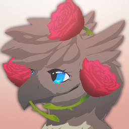 ambiguous_gender anthro beak blue_eyes brown_beak eyelashes feathered_crest feathers flower flower_in_mouth head_crest plant rose_(flower) simple_background smile solo einin fleek_feather avian bird 1:1