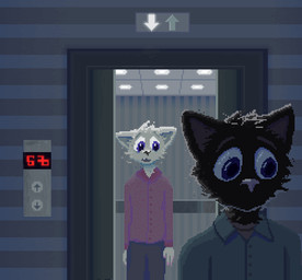 anthro black_body black_fur blue_clothing blue_shirt blue_topwear clothing detailed_background duo elevator fur male open_mouth pink_clothing pink_shirt pink_topwear shirt topwear demensa domestic_cat felid feline felis mammal 2021 digital_media_(artwork) pixel_(artwork)