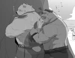 anthro beach black_nose blush bodily_fluids bottomwear butt clothing group humanoid_hands male overweight overweight_male seaside shorts sweat text water 00makumakuma00 kumao sdorica crushfang_(sdorica_sunset) dagger_(sdorica_sunset) bear mammal polar_bear ursine 2019 japanese_text monochrome