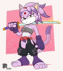 anthro breasts clothing cosplay costume feet female feudal fight fingerless_gloves forehead_gem fur gem gloves handwear katana melee_weapon panties purple_body purple_fur purple_hair_tips serious serious_face solo stirrup_legwear sword toes underwear weapon white_body white_fur white_mouth wrapped_breasts wraps yellow_eyes introvertedpooch sega sonic_the_hedgehog_(series) blaze_the_cat felid feline mammal absurd_res hi_res