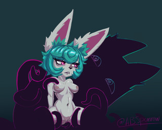 animal_ears animal_nose areola big_ears black_nose breasts eyelashes female front_view genitals green_background green_hair grey_areola grey_nipples hair inner_ear_fluff navel nipples nude open_mouth pink_eyes short_hair simple_background small_breasts solo thick_thighs tuft vulva wide_hips bluesparrow league_of_legends riot_games tencent shadow_(lol) vex_(lol) humanoid yordle 5:4 hi_res