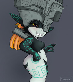big_butt breasts butt clothing female fused_shadow gesture grey_background grin hand_gesture headgear headwear humanoid_pointy_ears looking_at_viewer nipples nude ok_sign one_eye_obstructed pointy_ears shortstack shortstack_female side_view simple_background smile solo cranihum nintendo the_legend_of_zelda twilight_princess midna humanoid imp twili 2021 hi_res