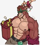 abs anthro antlers belt big_pecs bottomwear bow_(feature) bow_ribbon box brown_body brown_fur brown_hair brown_nipples chest_tuft christmas_decorations christmas_lights clothed clothing container eyewear fur gift gift_bow gift_box gift_tag grin hair horn male muscular muscular_male navel nipples pants pecs ribbons smile smiling_at_viewer smirk solo sunglasses sunglasses_on_face sweater_around_waist topless topless_male tuft its_coldpizza epic_games fortnite dolph_(fortnite) deer mammal new_world_deer reindeer tag_(disambiguation) 2023 hi_res signature