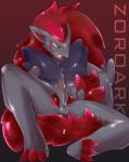 anthro bodily_fluids cum erection genital_fluids genitals latex male nude penis solo spread_legs spreading drawg_t nintendo pokemon canid canine generation_5_pokemon mammal pokemon_(species) zoroark