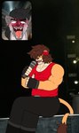 anthro blush clothing duo gesture hand_gesture happy male male/male shirt singing sitting tank_top thumbs_up topwear hanzo_matsumoto fan_screaming_at_madison_beer_performance hanzo_(hanzo_matsumoto) holy_gunner felid hyena lion mammal pantherine absurd_res hi_res meme