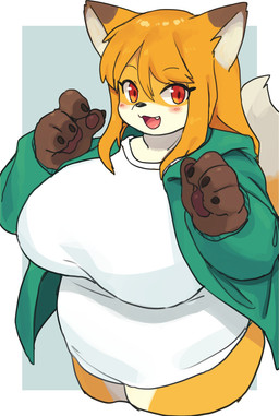 5_fingers anthro big_breasts black_nose blush blush_stickers breasts brown_body brown_fur claws clothing dipstick_ears dipstick_tail ear_markings eyebrow_through_hair eyebrows fangs female finger_claws fingers fur gloves_(marking) green_clothing green_jacket green_topwear hair huge_breasts jacket kemono looking_at_viewer markings multicolored_body multicolored_ears multicolored_fur open_mouth orange_body orange_eyes orange_fur orange_hair overweight overweight_anthro overweight_female pawpads shirt simple_background smile snout solo tail tail_markings teeth thick_thighs three-quarter_view topwear translucent translucent_hair white_body white_clothing white_fur white_shirt white_topwear wide_hips akitaka canid canine fox mammal portrait three-quarter_portrait