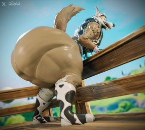 animal_print anthro bent_over big_butt brown_body brown_fur butt clothing cow_print curvy_figure fence fur huge_butt hyper hyper_butt leaning leaning_forward male outside smile solo topwear vest voluptuous yellow_sclera dwrenders epic_games fortnite wendell_(fortnite) canid canine mammal 3d_(artwork) digital_media_(artwork) hi_res