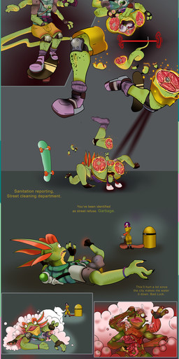 acid amputation anthro balls booby_trap clothing coveralls death degradation duo execution female fingerless_gloves foam footwear foreskin genital_mutilation genital_torture genitals gloves gore handwear janitor killing knee_pads male melting missing_all_legs missing_finger missing_leg missing_limb missing_tail mutilation pain penis scared severed_body_part severed_digit severed_finger severed_leg severed_limb severed_tail skateboard skateboarding skater sliced snuff socks teasing text uncaring vape vaping vehicle wounded alexartypants high_on_life reptical_(high_on_life) alien anatid anseriform avian bird crested_gecko duck gecko lizard lizardonian reptile scalie absurd_res comic english_text hi_res