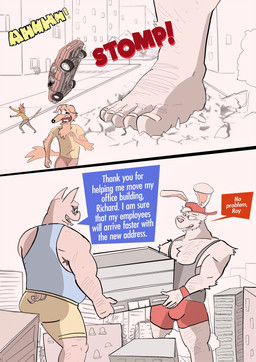 5_toes anthro arm_hair armpit_hair athletic_wear barefoot big_bulge blue_clothing blue_shirt blue_tank_top blue_topwear body_hair bottomwear building bulge business car casual_clothing chest_hair city civilian clothed clothed_anthro clothed_male clothing cracked_ground dialogue duo eyewear feet fully_clothed fully_clothed_anthro fully_clothed_male fur grey_body grey_clothing grey_fur grey_shirt grey_tank_top grey_topwear group gym_bottomwear gym_shorts hairy_armpits hairy_hands hairy_legs huge_bulge khaki_shorts khakis larger_male leg_hair macro male nails office orange_body orange_fur pink_body rampage red_bottomwear red_clothing red_gym_shorts red_shorts red_sweatband shirt shorts size_difference speech_box sunglasses sweatband tank_top text toenails toes topwear vehicle wearing_sunglasses dudenahuel richard_(dudenahuel) roy_(dudenahuel) borzoi canid canine canis domestic_cat domestic_dog domestic_pig felid feline felis hunting_dog lagomorph leporid mammal rabbit sighthound suid suine sus_(pig) yorkshire_pig 2023 absurd_res colored_sketch comic english_text hi_res multiple_scenes sketch
