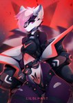 anthro bodysuit clothing cyberpunk female fluffy fluffy_tail fur hair jacket neon pink_eyes purple_body purple_fur ribbons simple_background skinsuit solo tail thick_thighs tight_clothing topwear white_body white_fur white_hair liloli_(artist) helldivers felid feline mammal