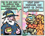 2_panel_comic 4_fingers abstract_background aloha_shirt anthro arm_around_shoulders beard burnt_clothing clothing dialogue eyewear facial_hair female fingers fire fur grin group hat headgear headwear lube_bottle magic_user male male/female orange_body pattern_clothing pattern_shirt pattern_topwear pink_body pink_fur sharp_teeth shirt smile sunglasses teeth text topwear torn_clothing trio white_beard white_facial_hair wizard_hat rawdawgcomics rawdawgcomics_(series) stahli_(rawdawgcomics) canid canine canis domestic_dog elemental_creature fire_creature mammal artist_name digital_media_(artwork) english_text