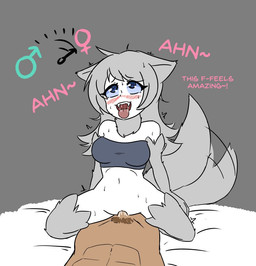 abs after_transformation ahegao bed blue_eyes blue_sclera blush bodily_fluids bottomless breasts clothed clothing costume cowgirl_position cum cum_in_vagina cum_inside cute_fangs dialogue duo emanata faceless_character faceless_human faceless_male fangs female female_focus female_on_human female_on_top female_penetrated from_front_position fur furniture fursuit gender_transformation genital_fluids genitals grey_background grey_body grey_fur grey_hair hair human_on_humanoid human_penetrating human_penetrating_humanoid humanoid_penetrated interspecies kneeling looking_pleasured lying male male/female male_on_bottom male_on_humanoid male_penetrating male_penetrating_female meter moan navel nude on_back on_bed on_bottom on_top penetration penile penile_penetration penis penis_in_vagina pubes saliva sex simple_background solo_focus sweat tail tail_motion tailwag tan_body tan_skin teeth text tongue tongue_out topwear transformation tube_top vaginal vaginal_penetration vulva white_body white_fur megazone23 animal_humanoid canid canid_humanoid canine canine_humanoid canis human humanoid mammal mammal_humanoid wolf_humanoid 2019 english_text