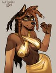 anthro big_breasts bottomwear breasts brown_body brown_fur brown_hair brown_lips clothing contrapposto dark dreadlocks eyebrows eyeliner eyeshadow female fur gold_clothing grey_background hair halterneck lips long_hair looking_at_viewer makeup navel open_mouth simple_background skirt smile solo tess(katfishcom) thick_eyebrows yellow_bottomwear yellow_clothing yellow_eyes yellow_skirt katfishcom golden_week canid canine canis dobermann domestic_dog mammal pinscher portrait