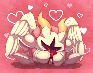 2_horns ambiguous_gender biped candy chocolate chocolate_bar daww dessert eyes_closed feathered_wings feathers food front_view happy heart_symbol holding_candy holding_food holding_object holidays horn mask not_furry pink_background pink_body red_eyes ribbons shadow_face simple_background sitting solo text three-quarter_view wearing_mask wings yellow_horn shibulio kirby_(series) nintendo valentine's_day galacta_knight waddling_head 2023 absurd_res digital_drawing_(artwork) digital_media_(artwork) english_text full-length_portrait hi_res portrait male_(lore)