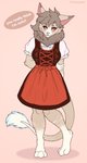 anthro bent_leg blush clothing cute_fangs dirndl dress embarrassed female holding_arm looking_at_viewer shy smile solo text furasaur alyona_the_floof bat canid canine fox mammal absurd_res english_text hi_res