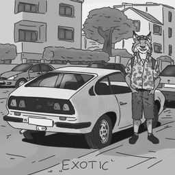 aloha_shirt anthro bottomwear building car clothing countershade_face countershading denim denim_bottomwear denim_clothing denim_shorts flower_shirt hand_in_pocket looking_at_viewer male modern_architecture outside pattern_clothing pattern_shirt pattern_topwear pockets round_sunglasses shirt shorts smile solo standing topwear urban vehicle ricky_arts ford ford_focus felid feline humanoid lynx mammal 1:1 2024 black_and_white monochrome