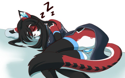 anthro black_body black_fur black_hair blue_vulva breasts butt clothing cybernetics eyes_closed female footwear fur genitals glowing hair legwear machine multicolored_body multicolored_fur pillow red_body red_fur simple_background sleeping socks solo thigh_highs vulva white_body white_fur swordkirby ara_(fluff-kevlar) android cyborg domestic_cat felid feline felis mammal robot 2016 digital_media_(artwork)