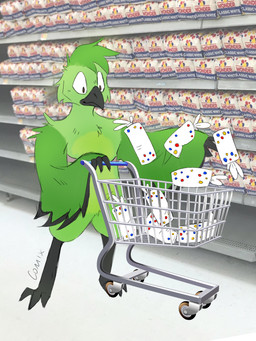 ambiguous_gender anthro beak bread bread_loaf feet food mastectomy_scar non-mammal_mastectomy_scar scar shelf shopping shopping_cart solo store talons text toes comixthesaber wonder_bread cleo_(cleothebirb) avian bird 3:4 english_text hi_res meme trans_(lore) trans_man_(lore)
