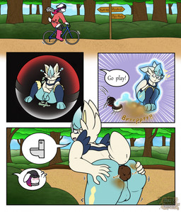 anthro backsack balls bicycle constipation crowning_feces desperation duo fart feces female flaccid genitals holding_butt male outside park penis pokeball poop_desperation raised_tail sign speech_bubble startled tail toilet vehicle kitscat nintendo pokemon jasmine_(floofer318) generation_8_pokemon lagomorph leporid mammal pokemon_(species) rabbit scorbunny comic hi_res