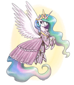 clothed clothed_feral clothing crown dress ear_piercing ear_ring feathered_wings feathers female feral fetlocks flying gem gold_(metal) gold_tiara grin hair headgear hooves horn looking_at_viewer multicolored_hair multicolored_tail piercing pink_clothing pink_dress purple_eyes purple_gem rainbow_hair rainbow_tail ring_piercing simple_background smile solo sparkles sparkling_hair tail tiara white_background wings king-kakapo friendship_is_magic hasbro my_little_pony mythology princess_celestia_(mlp) equid equine mammal mythological_creature mythological_equine winged_unicorn 2016 hi_res