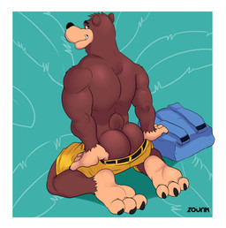 3_toes anthro backpack barefoot belt biped blue_eyes bottomwear bubble_butt butt claws clothed clothing feet fur grin humanoid_feet looking_at_viewer looking_back male manly muscular muscular_anthro muscular_male plantigrade presenting presenting_hindquarters seductive shorts sitting smile soles solo teeth toe_claws toes topless undressing zourik banjo-kazooie rareware banjo_(banjo-kazooie) bear mammal absurd_res hi_res