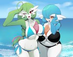 big_breasts bikini blue_hair breast_size_difference breast_squish breasts breasts_frottage cleavage clothed clothing duo female green_hair hair huge_breasts not_furry one_eye_closed red_eyes side-tie_bikini squish string_bikini swimwear thick_thighs two-piece_swimsuit white_body lalox nintendo pokemon gardevoir generation_3_pokemon pokemon_(species) shiny_pokemon hi_res