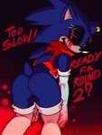 anthro black_sclera blue_body blue_skin butt crossgender female looking_at_viewer mtf_crossgender rear_view red_eyes solo text deathzera sega sonic.exe_(creepypasta) sonic_the_hedgehog_(series) sonic.exe sonic_the_hedgehog eulipotyphlan hedgehog humanoid mammal hi_res