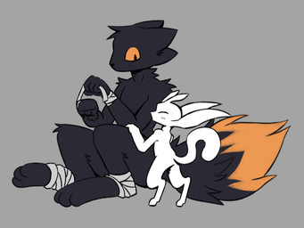 3_toes 4_fingers ambiguous_gender anthro bandage black_body black_fur black_nose blush blush_lines dipstick_tail duo eyes_closed feet fingers fur grey_background male markings orange_body orange_fur orange_sclera orange_tail_tip simple_background sitting size_difference tail tail_markings toes white_body white_fur cartoonytoony casualties:_unknown gunsaw microsoft ori_(series) xbox_game_studios ori_(ori) canid canine expie_(gunsawian) fox guardian_spirit gunsawian hybrid mammal murid murine rat rodent 2026 digital_drawing_(artwork) digital_media_(artwork) hi_res