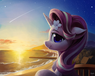 accessory balcony beach blue_eyes chest_tuft detailed_background eyebrows eyelashes female feral floppy_ears flower flower_in_hair fur hair hair_accessory hooves horn long_hair looking_at_viewer multicolored_hair outside plant purple_hair sea seaside shooting_star sky smile solo sun sunset tuft two_tone_hair water draconidsmxz friendship_is_magic hasbro my_little_pony mythology starlight_glimmer_(mlp) equid equine mammal mythological_creature mythological_equine unicorn 2018 5:4 absurd_res bust_portrait hi_res portrait signature