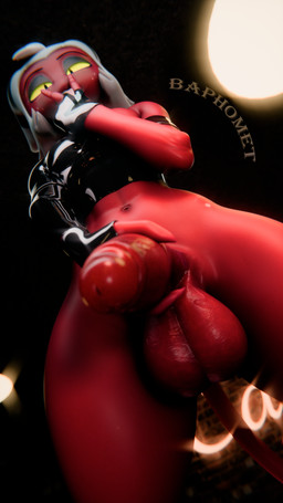 anthro armwear balls big_balls big_penis black_clothing bottomless clothed clothing elbow_gloves erection femboy fingerless_gloves fingers genitals glans glistening glistening_balls glistening_body glistening_clothing glistening_genitalia glistening_glans glistening_penis glistening_skin glistening_topwear gloves grey_hair gynomorph hair hand_on_penis handwear holding_penis horn humanoid_genitalia humanoid_penis intersex latex latex_armwear latex_clothing latex_gloves latex_handwear latex_legwear legwear looking_at_viewer looking_down low-angle_view makeup male navel nipples penis penis_towards_viewer red_balls red_body red_genitals red_penis red_skin smile solo tail text thick_thighs topwear white_hair wide_hips yellow_eyes yellow_sclera baphomet_(artist) valorlynz_(modeler) hellaverse helluva_boss moxxie_(helluva_boss) demon demon_humanoid humanoid imp 3d_(artwork) 4k 9:16 absurd_res digital_media_(artwork) hi_res