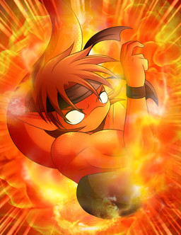 accessory attack empty_eyes fire hair headband kung_fu long_tail martial_arts muscular red_body red_hair red_skin scales solo tail wristband fire_conejo animal_strife mythology dragon mythological_creature mythological_scalie scalie