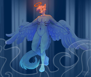 andromorph anthro feathered_wings feathers genitals halo intersex nude solo text vulva wings artechka angel domestic_cat felid feline felis mammal hi_res url