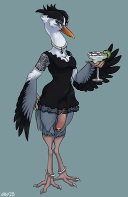 4_toes anisodactyl anthro avian_feet beak beverage biped breasts clothed clothing dress feet flaccid genitals green_eyes grey_background gynomorph humanoid_genitalia humanoid_penis intersex jewelry looking_at_viewer necklace no_underwear non-mammal_breasts penis simple_background solo standing toes wide_hips dizzy_by_design avian bird great_blue_heron great_heron heron pelecaniform 2018 dated digital_media_(artwork) signature