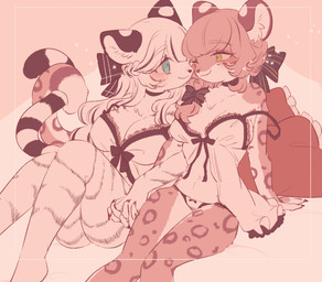 accessory anthro big_breasts blush bra breasts clothed clothing duo eye_contact female female/female hair_accessory hair_ribbon hand_holding leopard_spots lingerie looking_at_another off_shoulder panties pillow ribbons romantic romantic_couple sitting smile spots stripes underwear underwear_only shiki_(artist) felid leopard mammal pantherine tiger 2021 pink_theme warm_colors