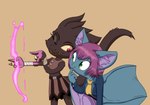 anthro archer armor bow_(weapon) casual_clothing curious duo female fluffy_ears hair leather leather_armor long_tail magic magic_user magic_weapon pink_hair ranged_weapon sharp_teeth spikes spikes_(anatomy) tail teeth weapon winged_arms wings turkojar jarna_deimina yui_the_bat bat mammal smaug_giganteus hi_res