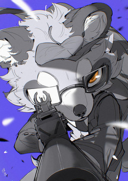 aiming_gun amber_eyes anthro bottomwear claws clothed clothed_anthro clothed_male clothing collared_shirt dark_body dark_fur dress_shirt eyebrows eyewear finger_claws fully_clothed fully_clothed_anthro fully_clothed_male fur furrowed_brow glasses gun holding_gun holding_object holding_ranged_weapon holding_rifle holding_weapon inner_ear_fluff leaf leaf_on_head light_body light_fur male pants pointing_gun_at_viewer pupils purple_background ranged_weapon rectangular_glasses rifle ringed_iris shirt simple_background solo suit topwear tuft weapon wearing_glasses white_sclera chiayeeee mammal procyonid raccoon 2025 digital_drawing_(artwork) digital_media_(artwork) hi_res portrait signature three-quarter_portrait