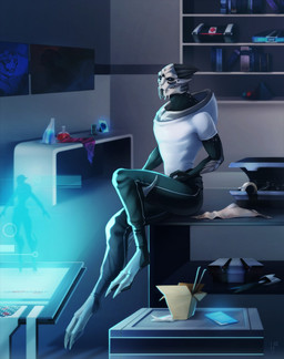 blue_eyes blue_tongue bodypaint clothing electronics face_paint hologram inside looking_at_viewer male painting_(object) shirt sitting solo t-shirt tablet tablet_computer teeth tongue topwear aiws bioware electronic_arts mass_effect alien turian hi_res
