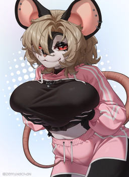 anthro bedroom_eyes belt big_breasts black_belt black_body black_clothing black_crop_top black_ears black_eyeshadow black_fingernails black_fur black_nails black_shirt black_topwear blonde_hair bottomwear breast_focus breasts buckle chest_belt clothed clothed_anthro clothed_female clothing colored_nails countershade_face countershade_hands countershade_torso countershading crop_top dolphin_shorts ear_piercing ear_ring ear_stud eyebrows eyeshadow female female_anthro fingernails fur hair hair_over_eye hairless_tail hand_on_own_breast holding_breast huge_breasts looking_at_viewer makeup medium_hair messy_hair multicolored_body multicolored_fur nails narrowed_eyes pattern_background piercing pink_bottomwear pink_clothing pink_shorts pink_topwear raised_eyebrows red_eyes ring_piercing seductive shirt shorts shrug_(clothing) simple_background smile smiling_at_viewer smirk smirking_at_viewer solo standing teasing text thick_thighs three-quarter_view topwear two_tone_body two_tone_fur white_body white_countershading white_fur zeminachan jill_(zeminachan) mammal mouse murid murine rodent 2026 absurd_res artist_name digital_drawing_(artwork) digital_media_(artwork) hi_res portrait signature three-quarter_portrait